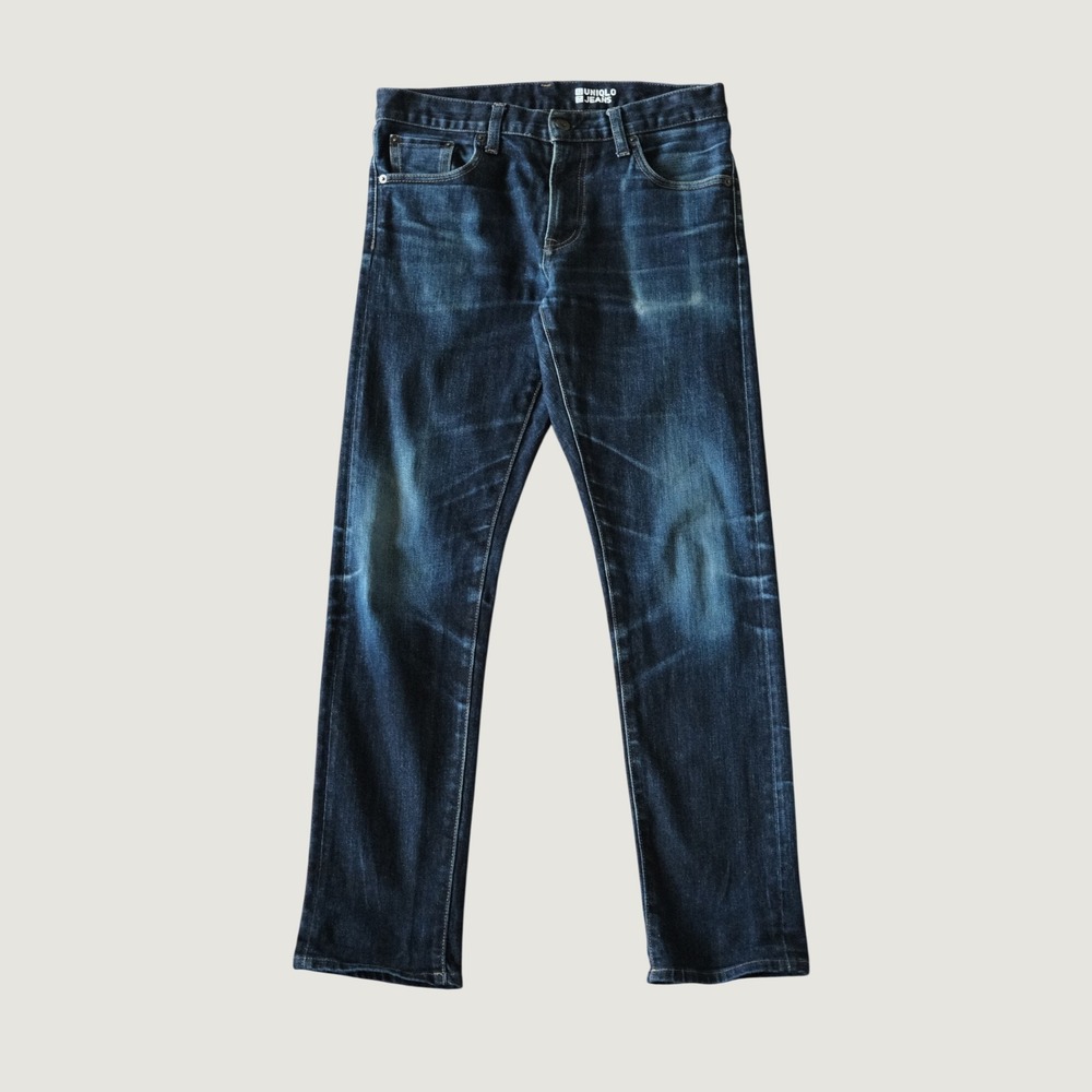 Uniqlo Jeans Selvedge Denim Slim Fit Dark Wash Blue Stretch 30x28 Faded Distress